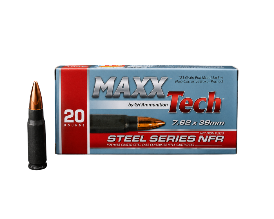 MaxxTech NFR 7.62x39 123gr FMJ steel case ammunition box